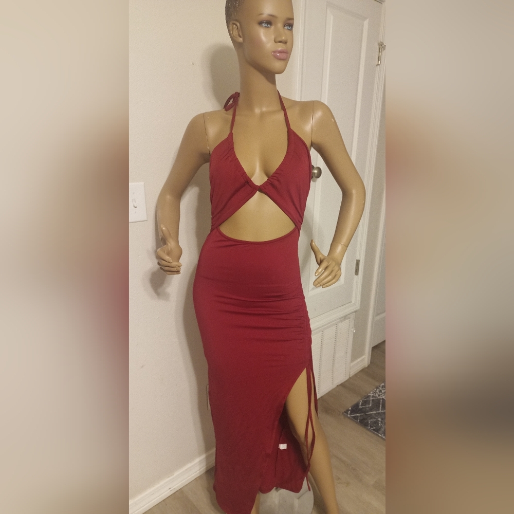 Elegant Red Halter Cutout Dress